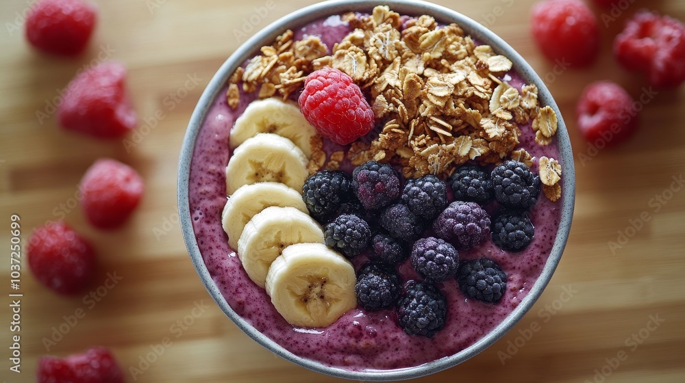 Smoothie bowl with fresh fruits, health food, in wooden table background Smoothie bowl with fresh fruits, health food, in wooden table background