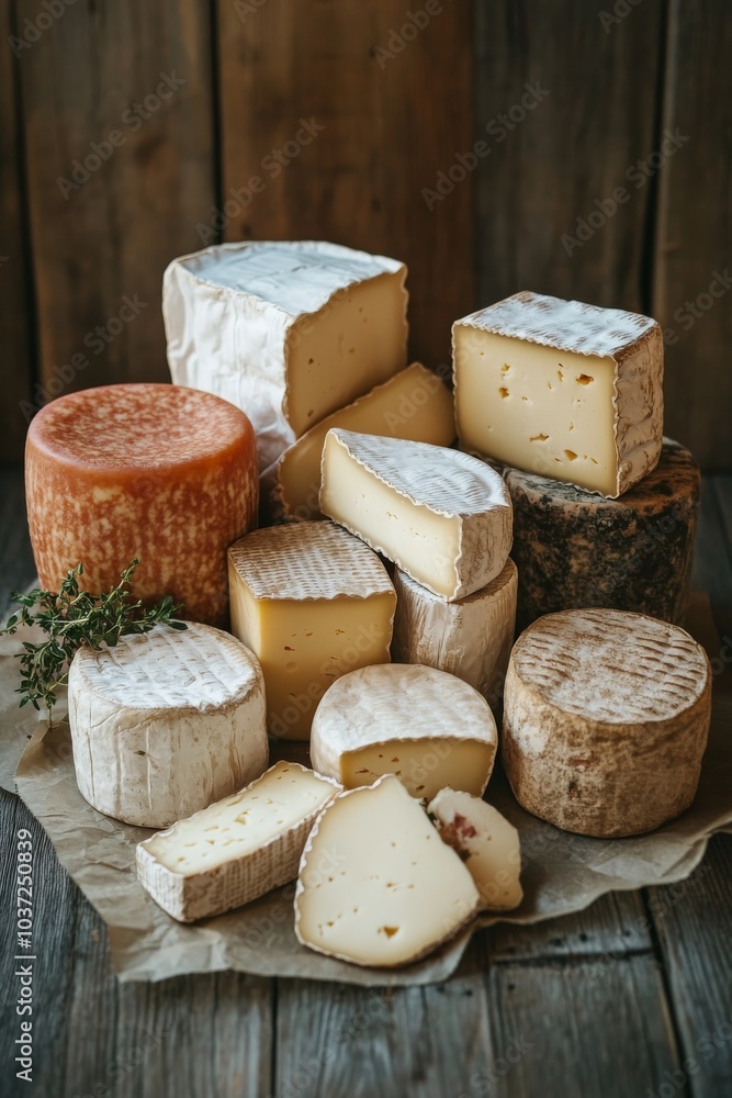 A selection of artisanal cheeses displayed on wooden boards with herbs in a rustic setting A selection of artisanal cheeses displayed on wooden boards with herbs in a rustic setting