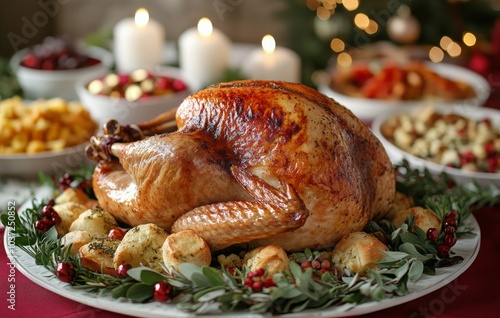 A beautifully roasted turkey surrounded by festive dishes on a holiday dining table photo