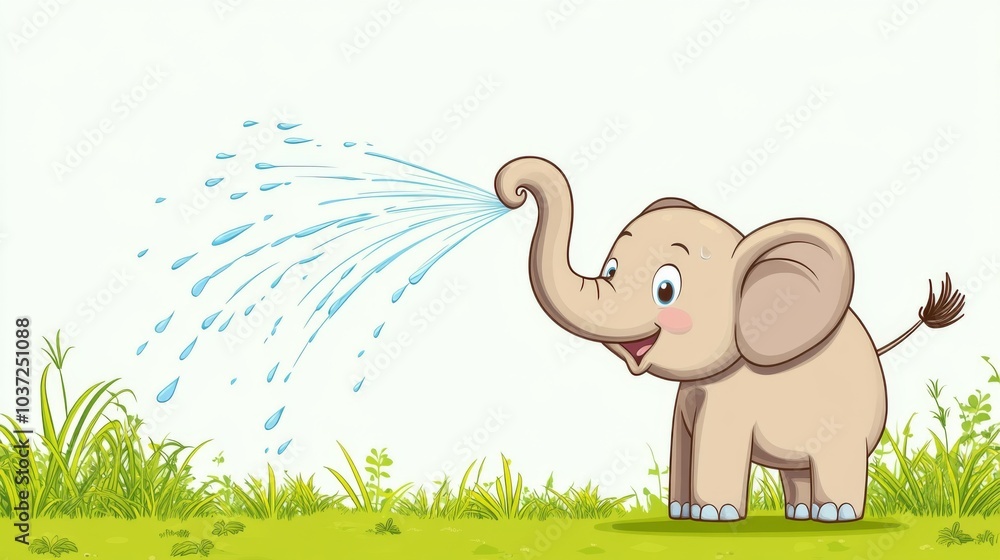 Naklejka premium Cute Cartoon Elephant Sprinkling Water.