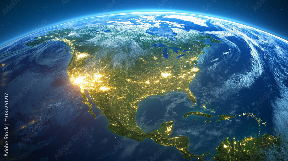 Glowing earth from space north America at night with city lights and ...