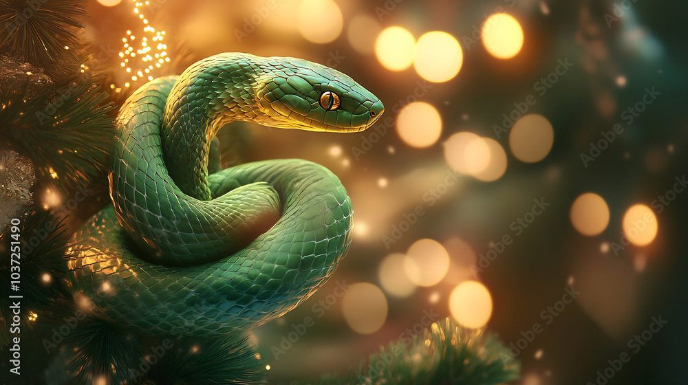 Fototapeta premium A vibrant green snake coiling gracefully among branches with soft glowing lights during twilight