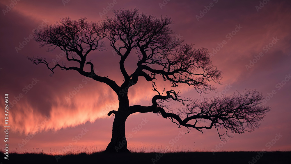Silhouette of a Tree Against a Vibrant Sunset Sky for Tranquil Visuals Silhouette of a Tree Against a Vibrant Sunset Sky for Tranquil Visuals