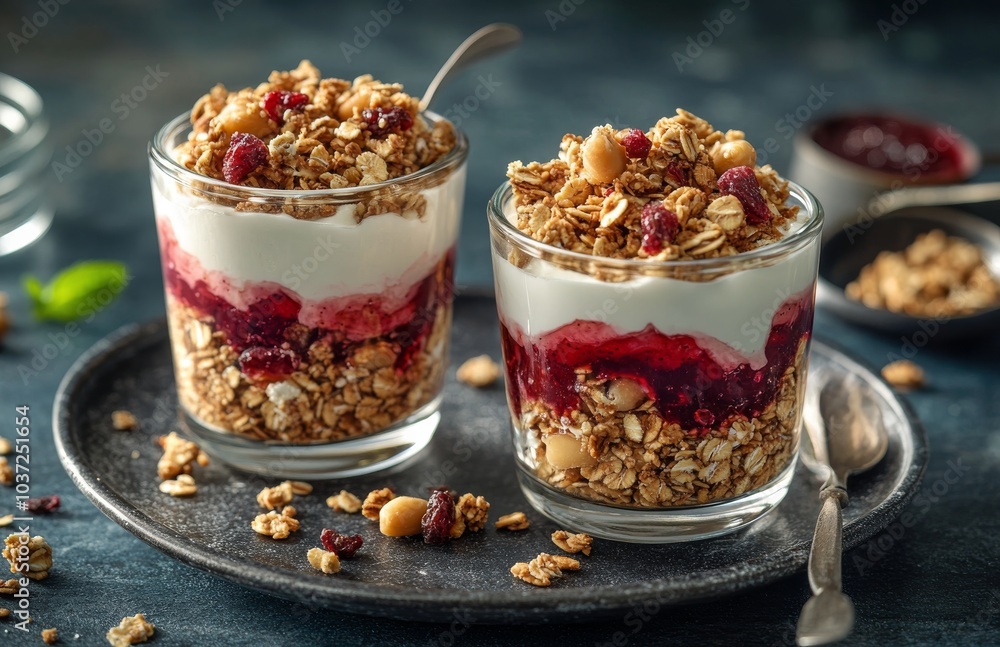 Delicious layered yogurt parfaits with granola and berry compote on a dark serving plate Delicious layered yogurt parfaits with granola and berry compote on a dark serving plate