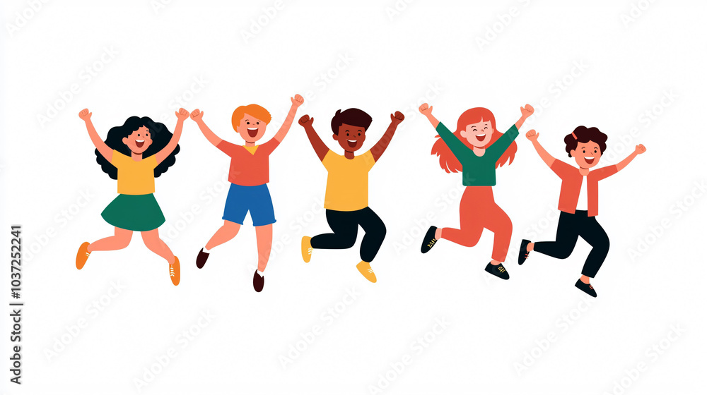 Happy children jumping with joy, showcasing diverse appearances and expressions of excitement. Their vibrant clothing adds to cheerful atmosphere Happy children jumping with joy, showcasing diverse appearances and expressions of excitement. Their vibrant clothing adds to cheerful atmosphere