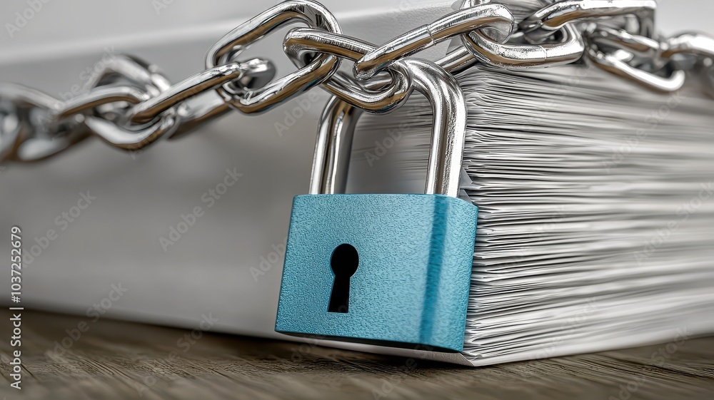 Blue padlock secured on a stack of documents with a chain on a wooden surface. Blue padlock secured on a stack of documents with a chain on a wooden surface.
