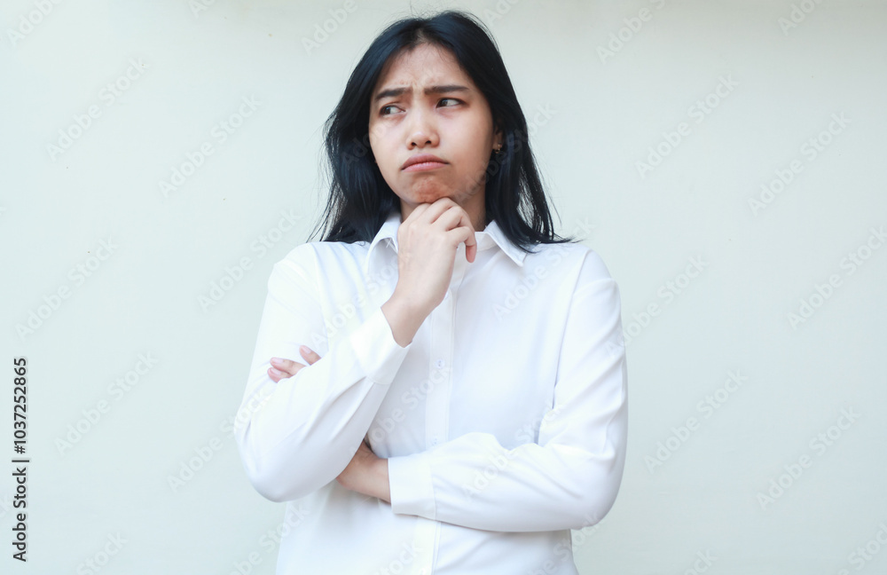 image of sad asian woman wearing white suit shirt looking away worries with hands on chin arms folded, afraid of bad news, standing anxious feeling stressed of overtime work image of sad asian woman wearing white suit shirt looking away worries with hands on chin arms folded, afraid of bad news, standing anxious feeling stressed of overtime work