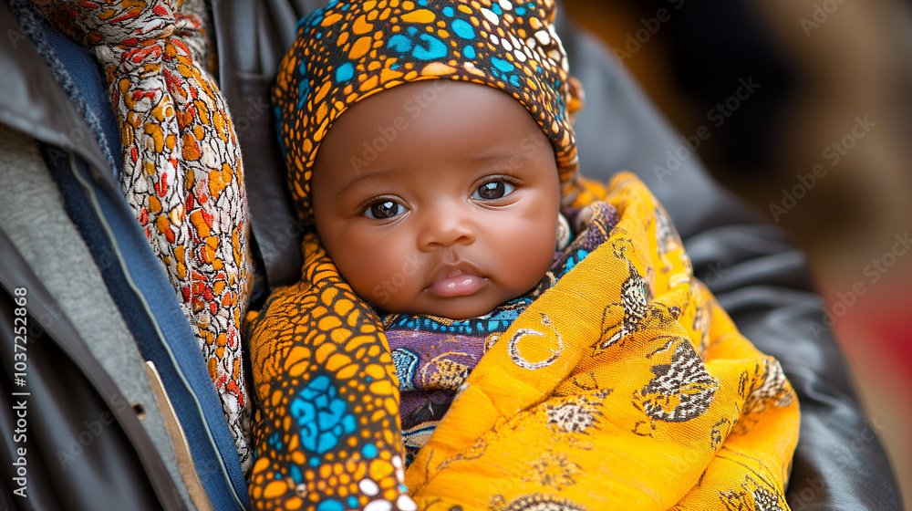 A baby wrapped in a vibrant cloth with an intricate pattern held by an adult in a warm outdoor setting during daytime A baby wrapped in a vibrant cloth with an intricate pattern held by an adult in a warm outdoor setting during daytime