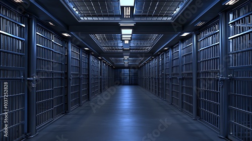 A long, dark hallway with barred cells on either side.