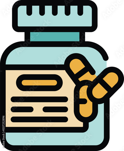 This vector illustration features a medicine bottle with pills spilling out, symbolizing healthcare and medication