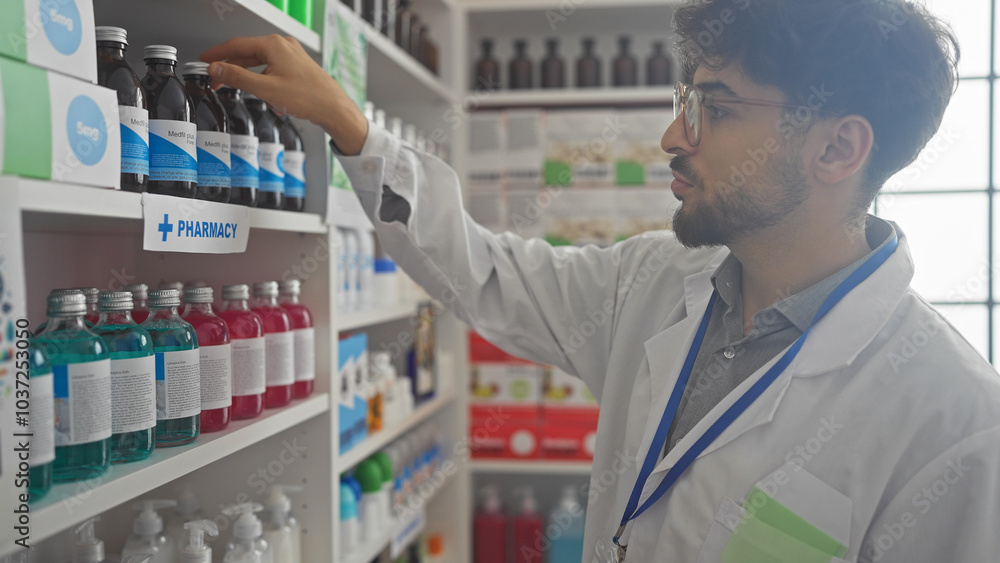 A bearded young man in a lab coat organizing shelves in a pharmacy. A bearded young man in a lab coat organizing shelves in a pharmacy.