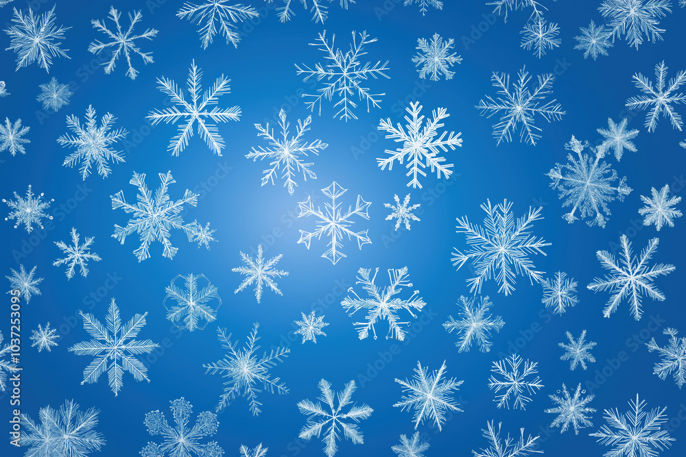 Delicate snowflakes falling against a bright blue background in winter's embrace Delicate snowflakes falling against a bright blue background in winter's embrace