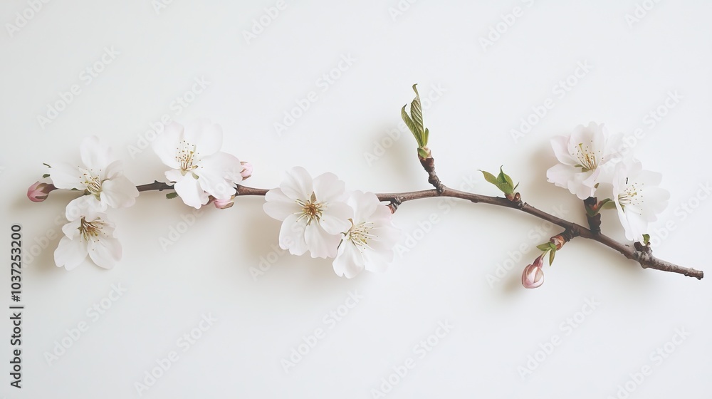 A beautiful cherry blossom branch with soft pink flowers, gently curving across a white background, symbolizing renewal. A beautiful cherry blossom branch with soft pink flowers, gently curving across a white background, symbolizing renewal.