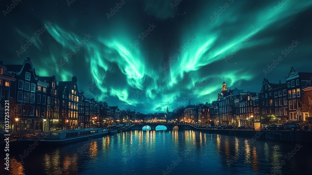 Fototapeta premium Aurora Borealis casting vibrant reflections on the canals of Amsterdam, merging the citys charm with celestial light