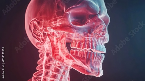 A detailed 3D rendering of a human skull and neck, showcasing anatomical features.