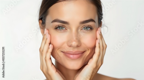 Woman Portrait with Clear Skincare in Studio. Healthy Beauty and Hands Touching Smooth Skin on White Background