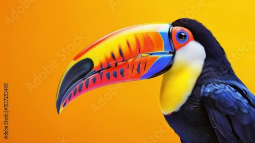 Vibrant Toucan Portrait with Colorful Beak and Yellow Background - 4K