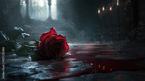 Fototapeta Naklejka Na Ścianę i Meble -  A blood-red rose with droplets of blood seeping onto the floor, bathed in soft white light and a smoky atmosphere, creating a chilling and magical ambiance.