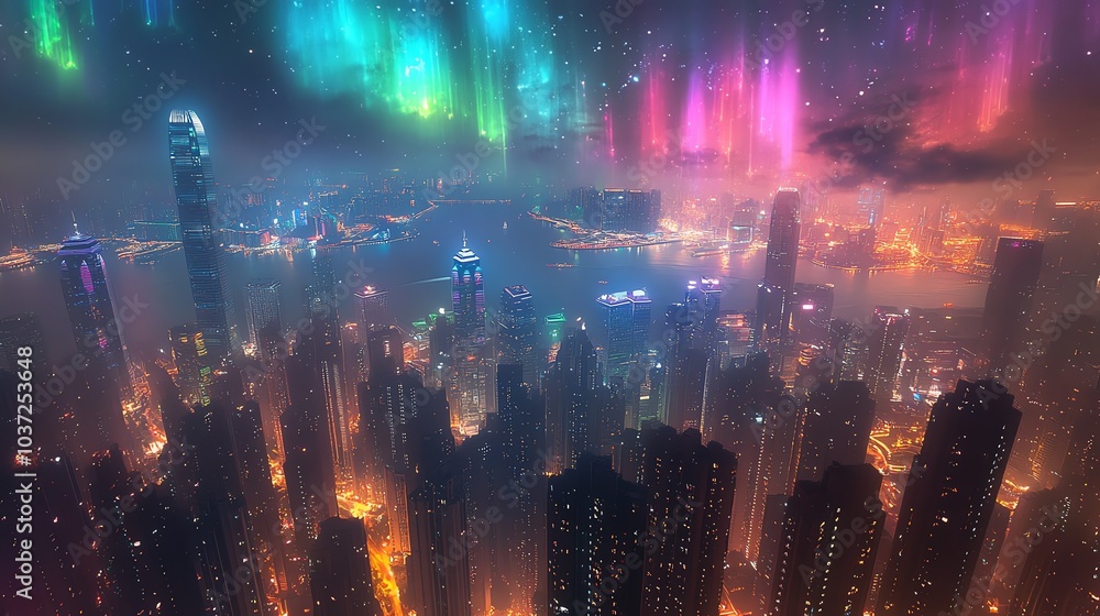 Obraz premium Aurora Borealis shining above the skyscrapers of Hong Kong, blending city lights with the vibrant hues of nature