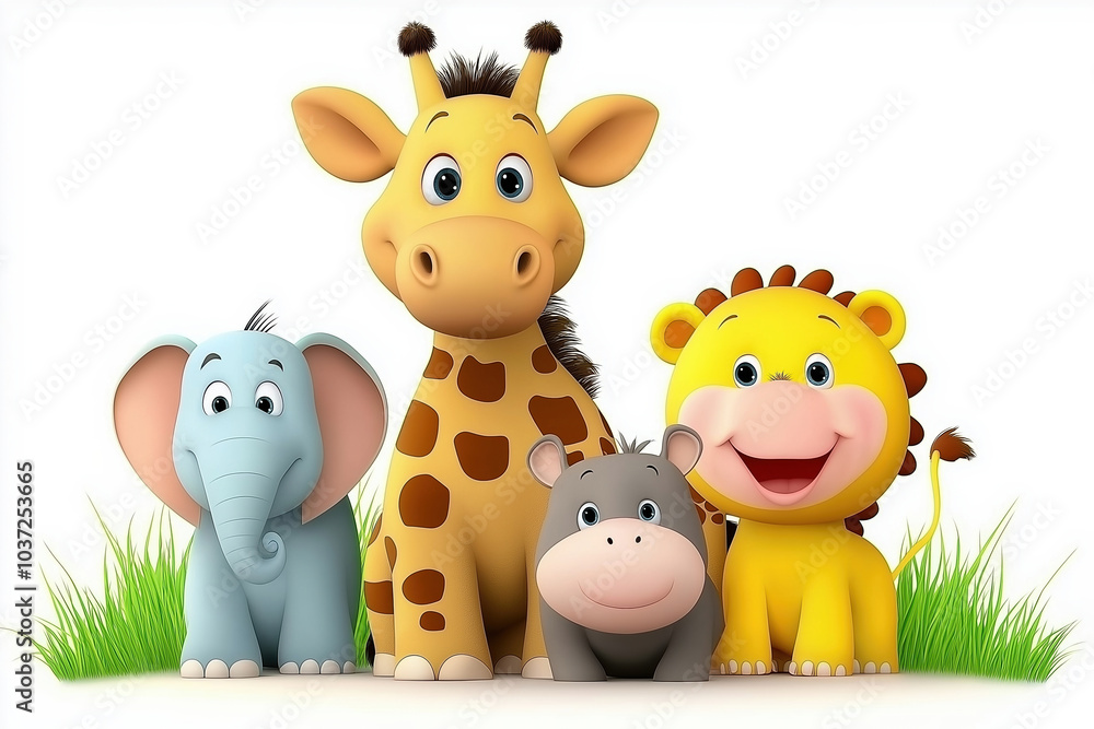 Obraz premium Colorful cartoon animals stand together in playful pose on a bright background