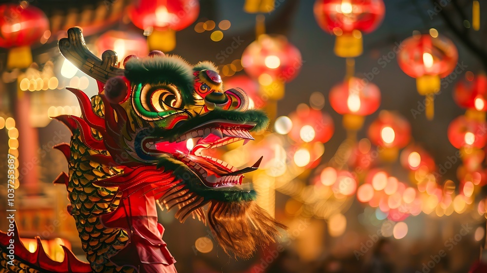 A dragon dance and lanterns are part of this traditional new year celebration A dragon dance and lanterns are part of this traditional new year celebration