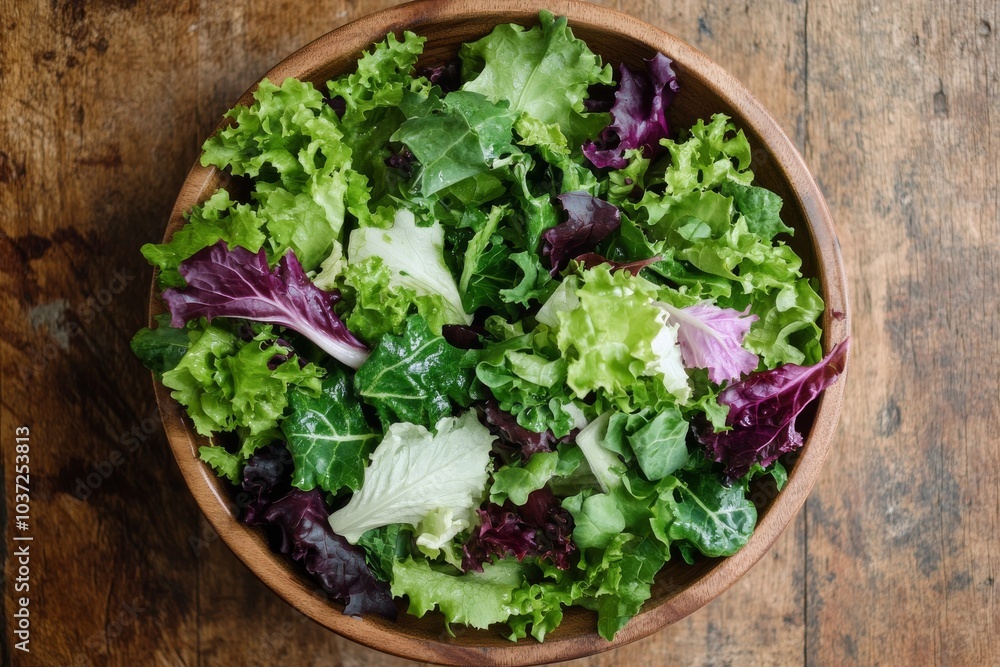 Freshly harvested mixed leafy greens in a wooden bowl on a rustic table Freshly harvested mixed leafy greens in a wooden bowl on a rustic table