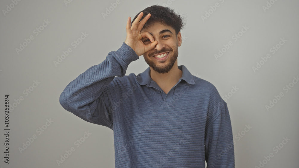 Handsome arab man with a beard in a casual shirt making an ok sign over his eye, isolated against a white background Handsome arab man with a beard in a casual shirt making an ok sign over his eye, isolated against a white background