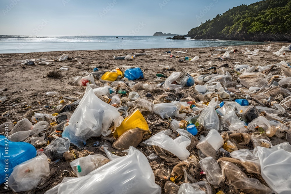 View of Polluted Beach, A Lot of Trash on the Beach View of Polluted Beach, A Lot of Trash on the Beach