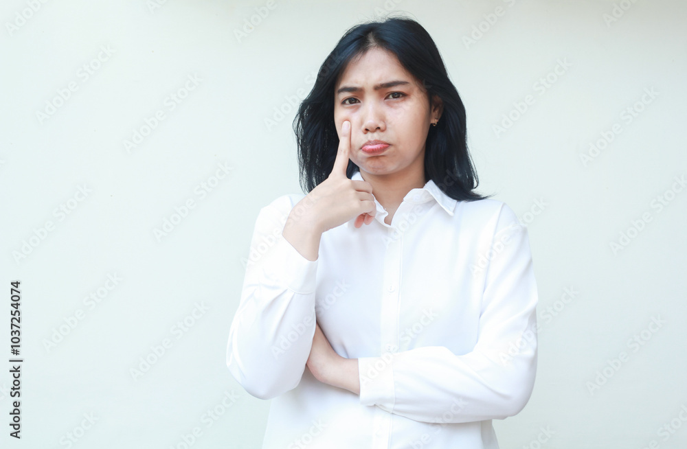 image of unhappy sad asian business woman touching her cheek with fingers wearing white shirt formal suit, folding arms looking at camera, tired working overtime job, standing isolated image of unhappy sad asian business woman touching her cheek with fingers wearing white shirt formal suit, folding arms looking at camera, tired working overtime job, standing isolated