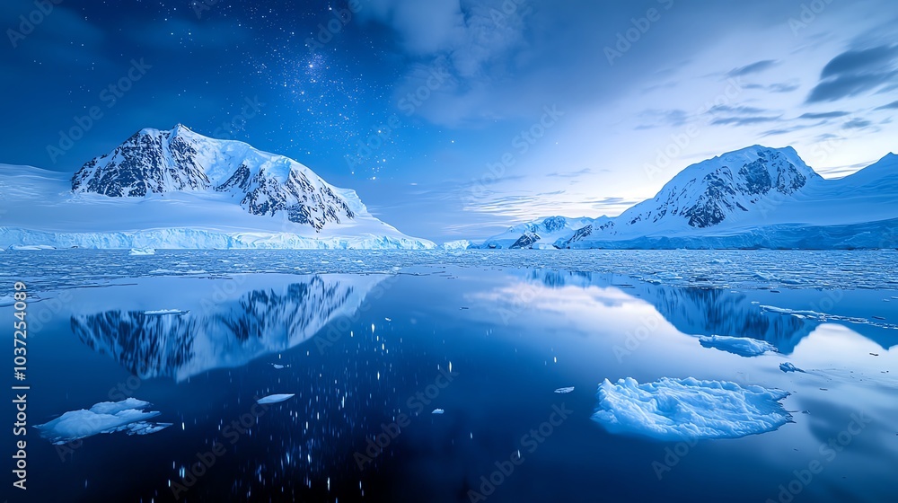 Aurora lights reflecting off the frozen waters of Antarctica, creating a stunning contrast between ice and sky Aurora lights reflecting off the frozen waters of Antarctica, creating a stunning contrast between ice and sky