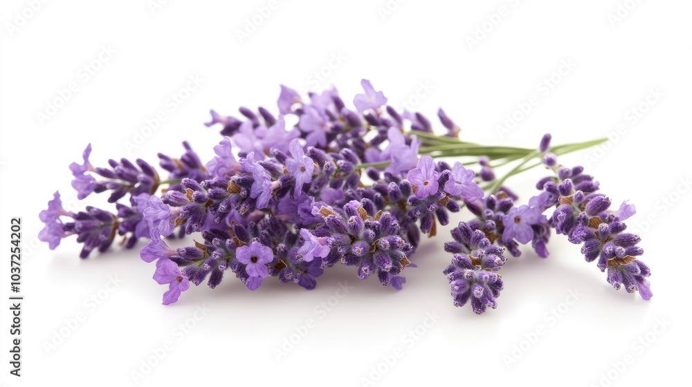 A cluster of lavender flowers neatly arranged on a white background, evoking a calming and serene atmosphere. A cluster of lavender flowers neatly arranged on a white background, evoking a calming and serene atmosphere.