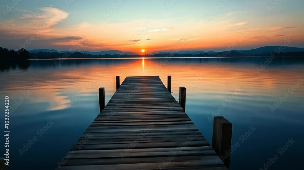 A wooden dock extends into a calm lake at sunset, with mountains in the distance A wooden dock extends into a calm lake at sunset, with mountains in the distance