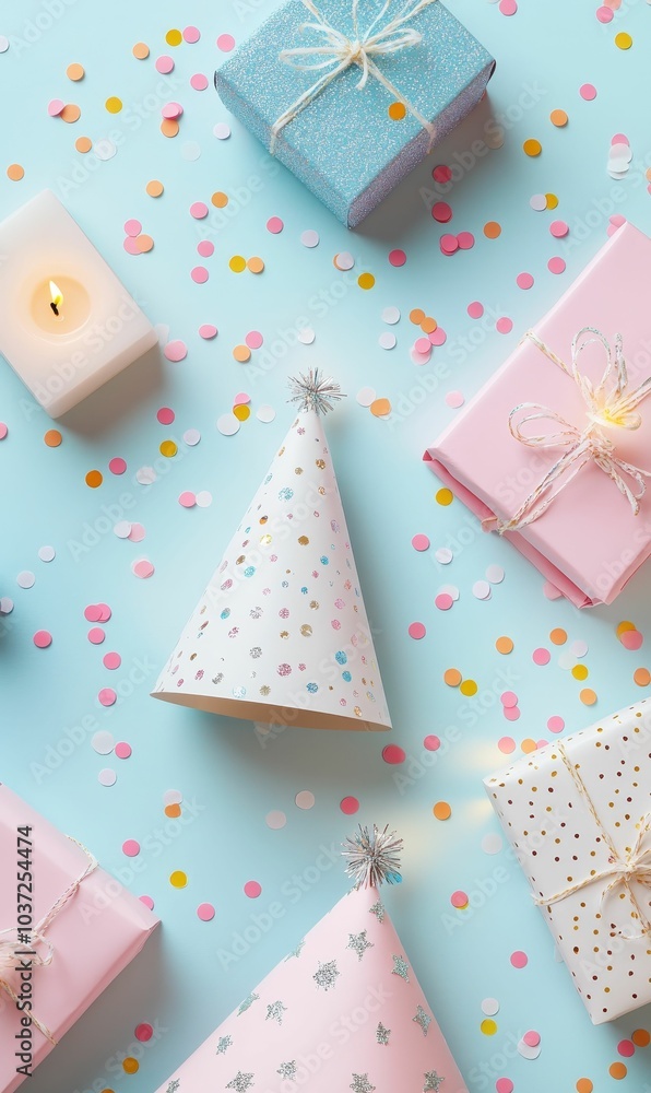 Fototapeta premium Party decorations: gifts, confetti, candle, hat.