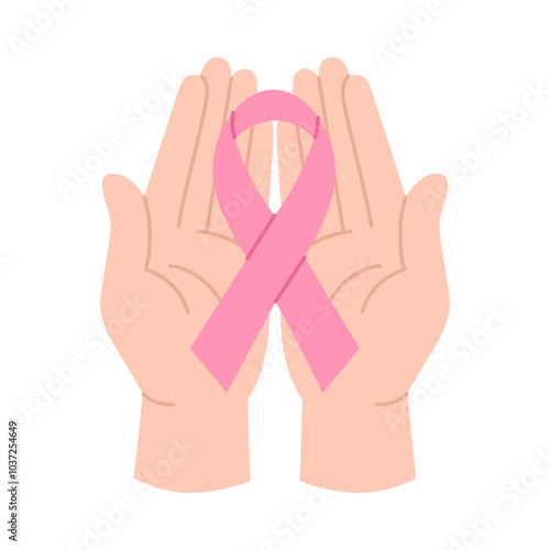 Breast Cancer Awareness Month concept. Two hands holding pink ribbon. Palms and support symbol. Pink October. Vector flat illustration isolated on white background