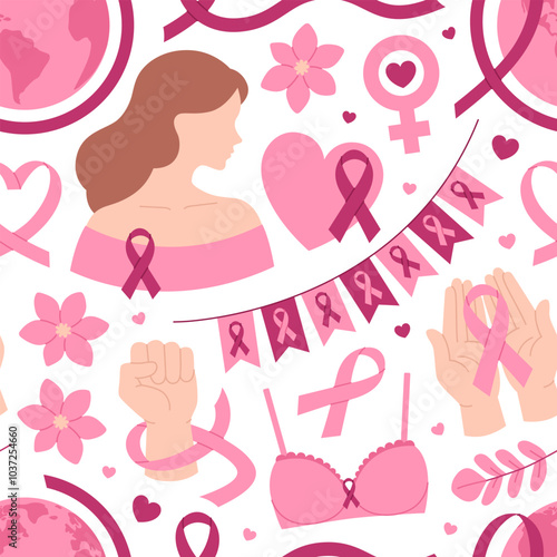 Breast Cancer Awareness Seamless Pattern. Pink October Month. Background with pink ribbons, woman, bra, hands, hearts, flags, earth and flowers. Vector flat illustration
