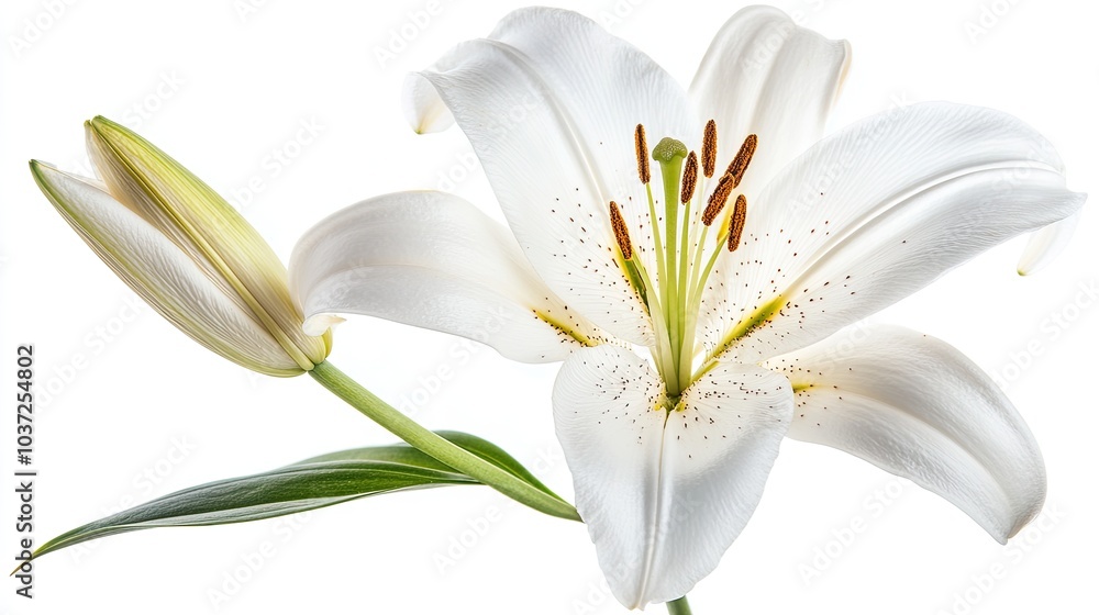 Fototapeta premium A delicate white lily, captured in full bloom on a white background, symbolizing purity and grace.