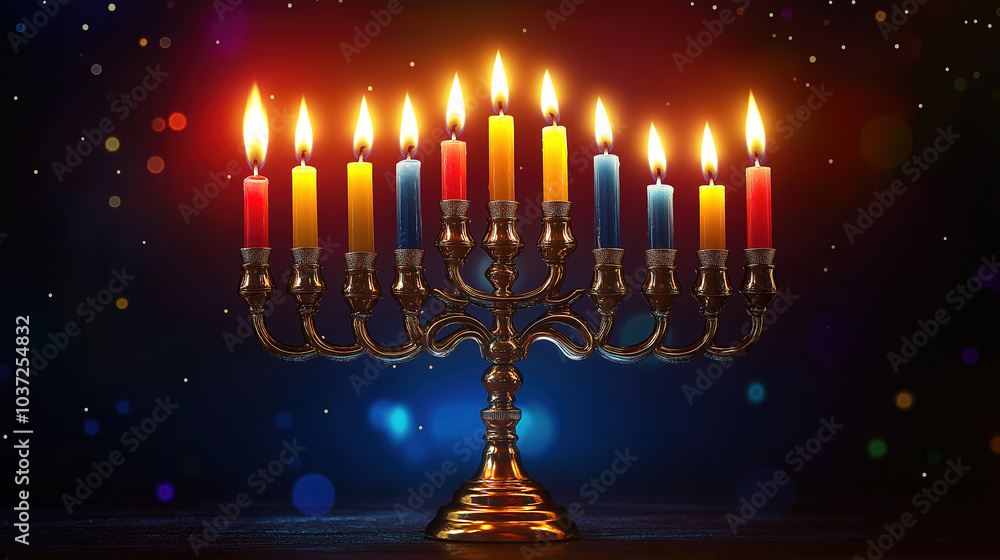 Menorah with candles representing the spirit of Hanukkah bringing light and joy to the holiday season Menorah with candles representing the spirit of Hanukkah bringing light and joy to the holiday season
