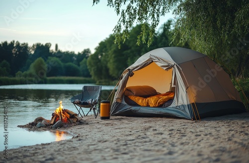 Cozy camping setup beside a river at dusk with a warm fire and comfortable seating photo