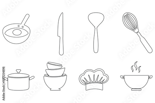  kitchen utensils vector illustration isolated on a white baxkground.