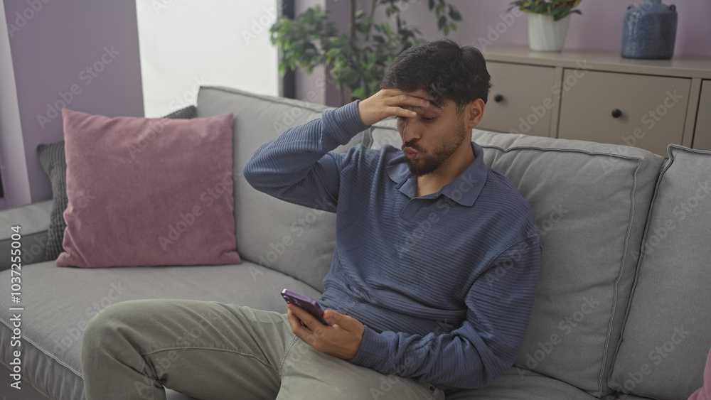 A stressed man sitting on a gray couch holding a smartphone in a modern apartment. A stressed man sitting on a gray couch holding a smartphone in a modern apartment.