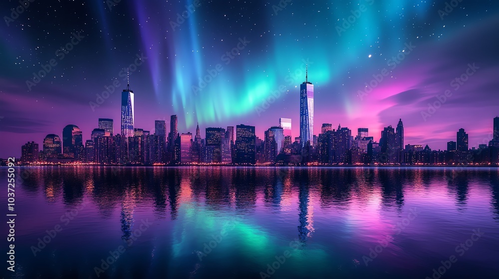 The aurora glowing brightly in the skies over New York City, reflecting off skyscrapers and adding magic to the urban skyline The aurora glowing brightly in the skies over New York City, reflecting off skyscrapers and adding magic to the urban skyline