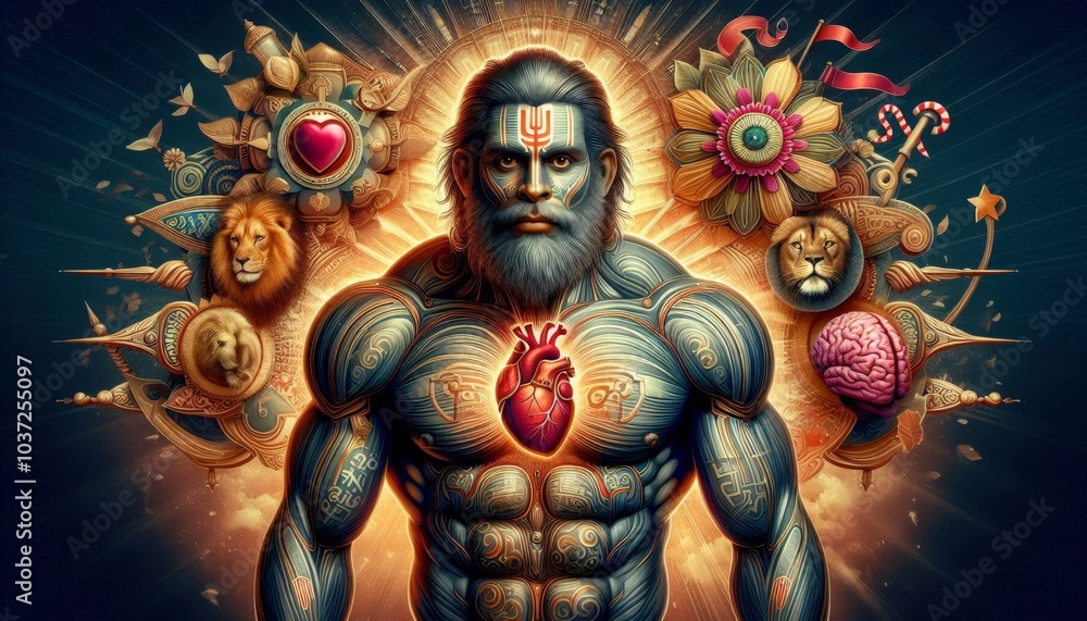 Fototapeta premium Hanuman The Mighty Warrior Deity Hindu God Hanuman with Army Fighting on a Battlefield
