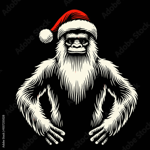 Bigfoot in a Red Santa Claus Costume Posing with Hands on Hips