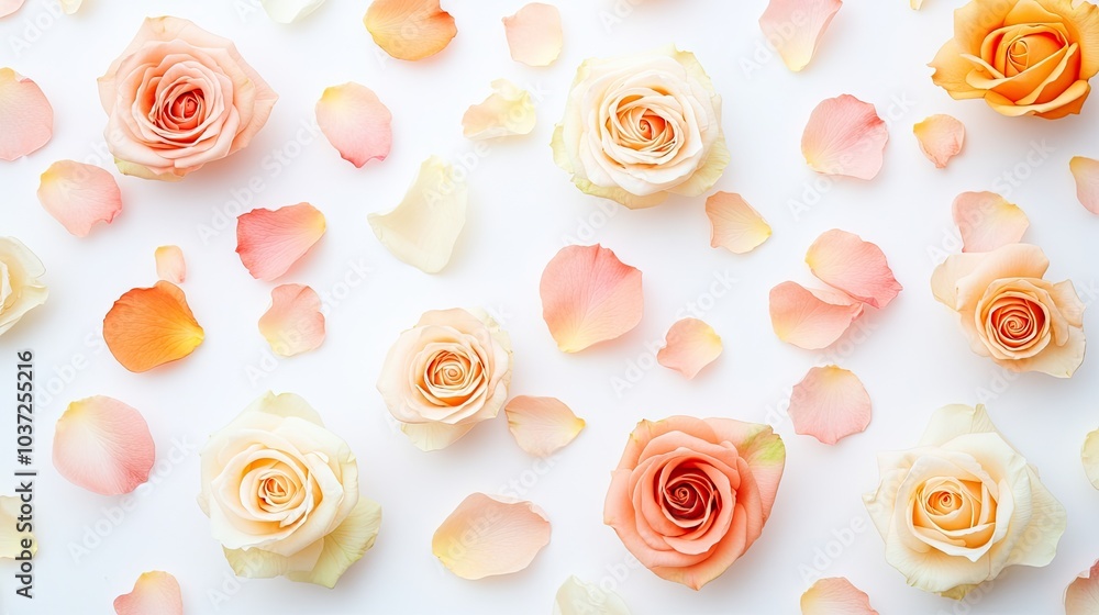 A flat lay of pastel-colored roses and petals scattered on a white background, giving a romantic, delicate feel. A flat lay of pastel-colored roses and petals scattered on a white background, giving a romantic, delicate feel.