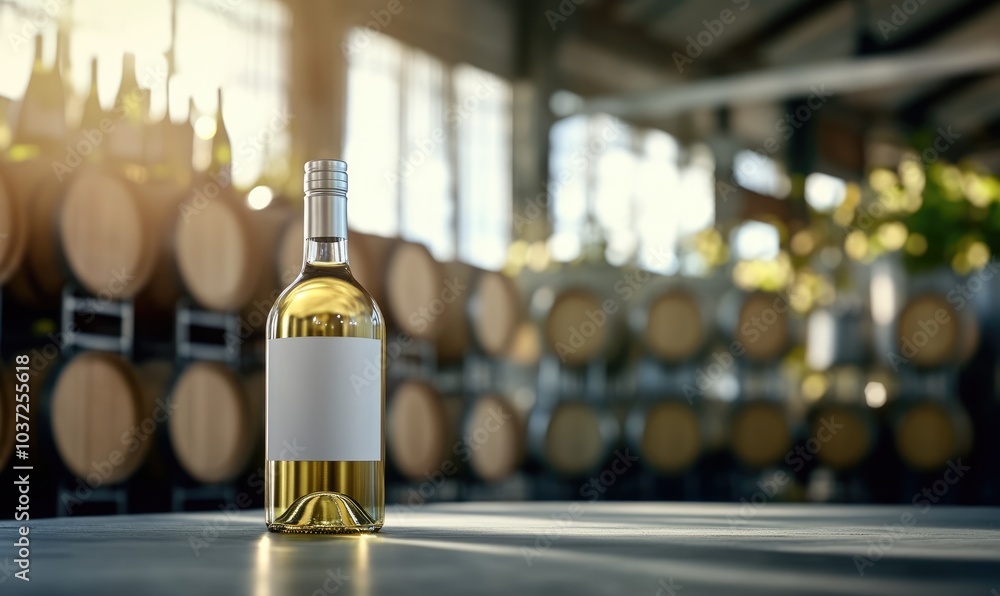 Sophisticated setting: empty label wine bottle against barrels in grand room with arched ceilings, minimalist design that highlights beauty of simplicity and allure of fine beverages. Sophisticated setting: empty label wine bottle against barrels in grand room with arched ceilings, minimalist design that highlights beauty of simplicity and allure of fine beverages.