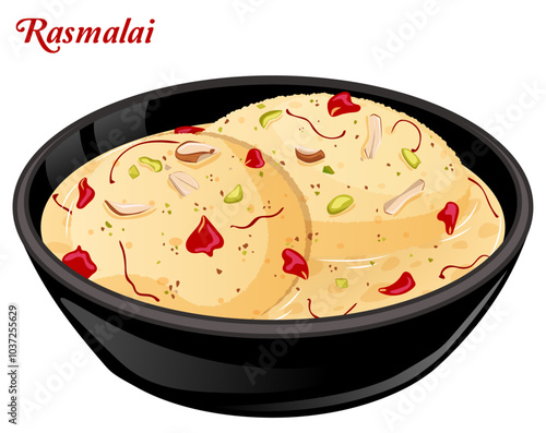 Ras Malai Bowl Garnished with Rose Petals, Almonds, Saffron & Pistachio - Authentic Indian Dessert Side View Vector Art