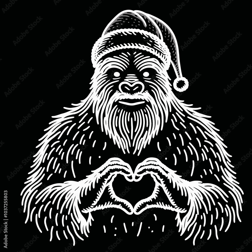 Bigfoot in Santa Costume Making Heart Gesture