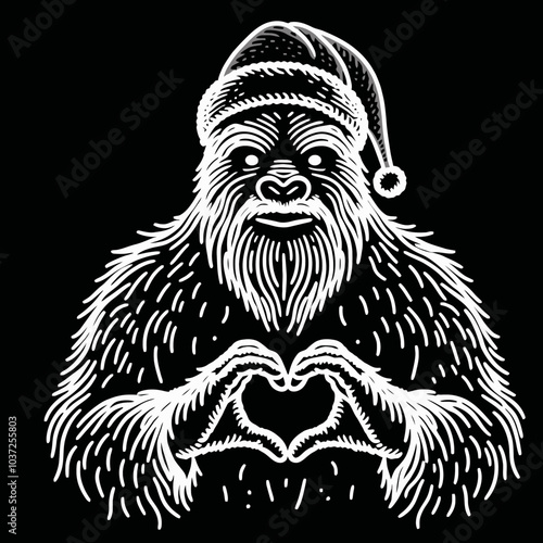 Bigfoot in Santa Costume Making Heart Gesture