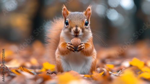 A curious squirrel holds an acorn while surrounded by colorful autumn leaves in a serene forest setting