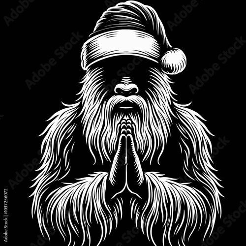 Bigfoot in a Red Santa Costume with Praying Hands